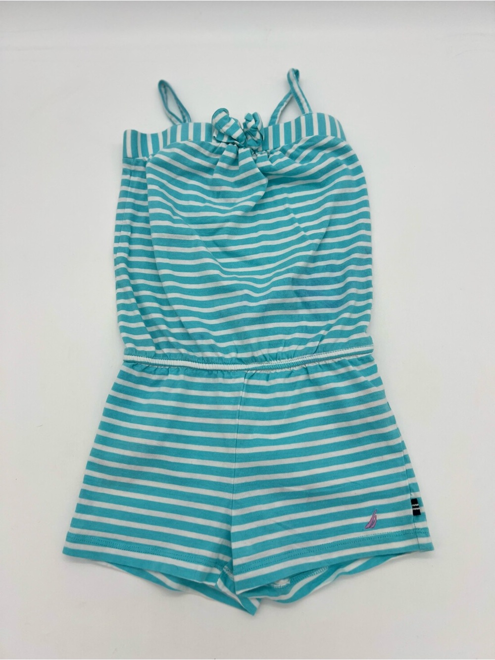 Nautica Girls Blue Striped Romper Bow Sz 3T 100% Cotton